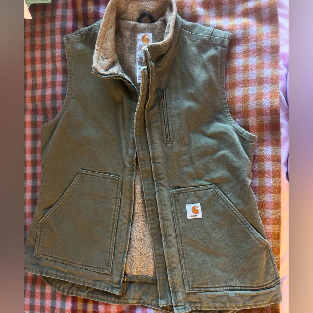 CARHARTT Sherpa Duck Line Hunt Vest Jacket Coat Olive Green Medium Women Outdoor